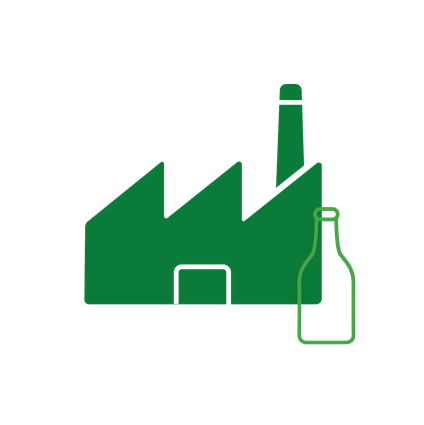 Ícone de fábrica verde com símbolo de garrafa, representando a produção sustentável e eco-friendly de embalagens.