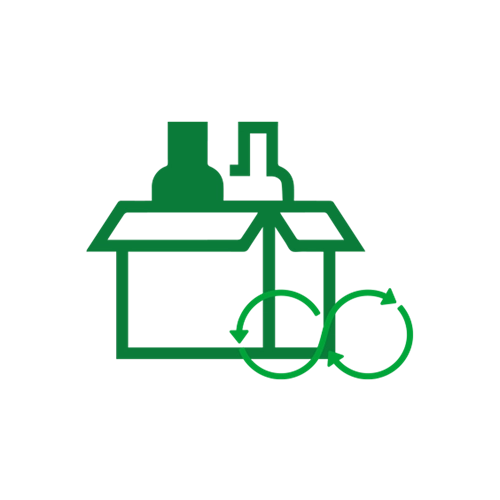 Ícone de reciclagem com casa e caixa, simbolizando a sustentabilidade e a redução de resíduos em processos de embalagem.