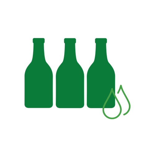 Ilustração de três garrafas verdes com uma gota de líquido ao lado, simbolizando sustentabilidade e reciclagem de vidro.