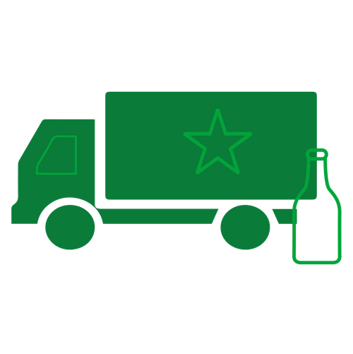 Ícone de caminhão de entrega verde, simbolizando transporte de bebidas. Representa serviços logísticos e de distribuição de produtos.
