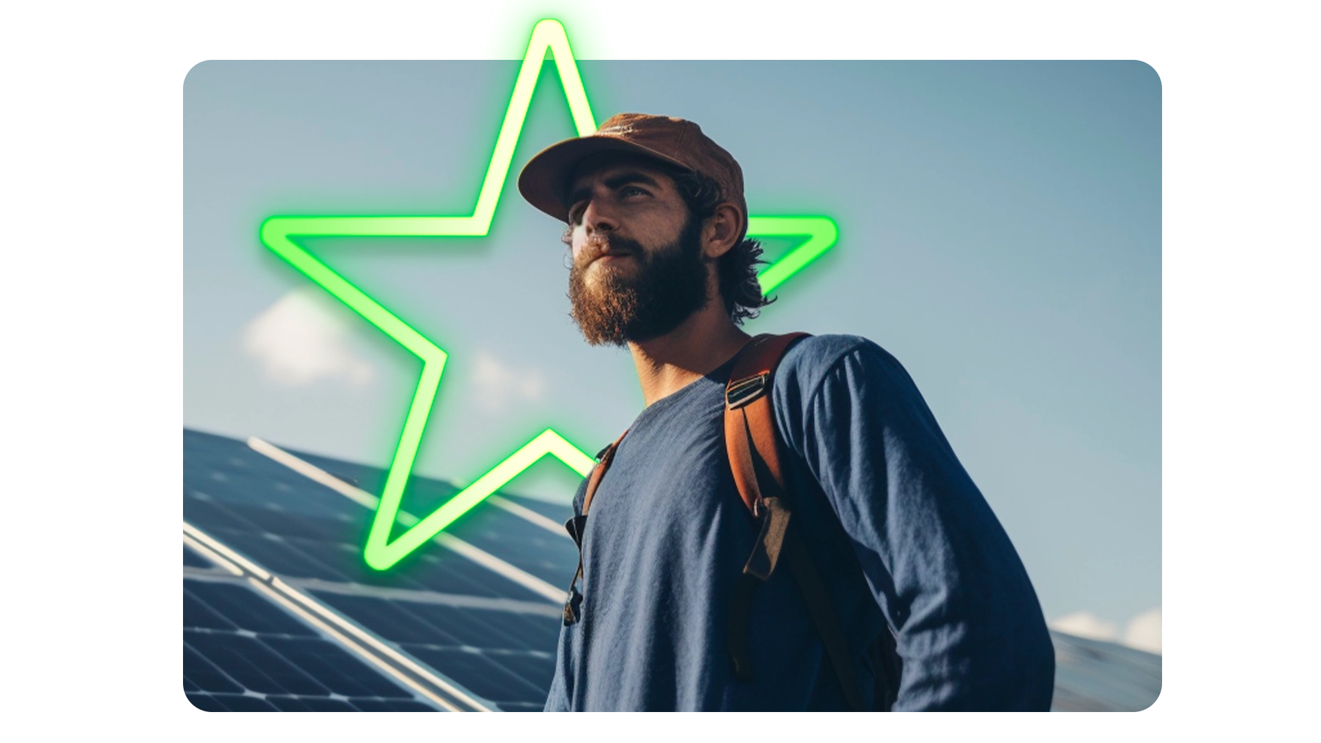 Homem com barba e boné, observa painéis solares sob céu azul, simbolizando sustentabilidade e energia renovável.